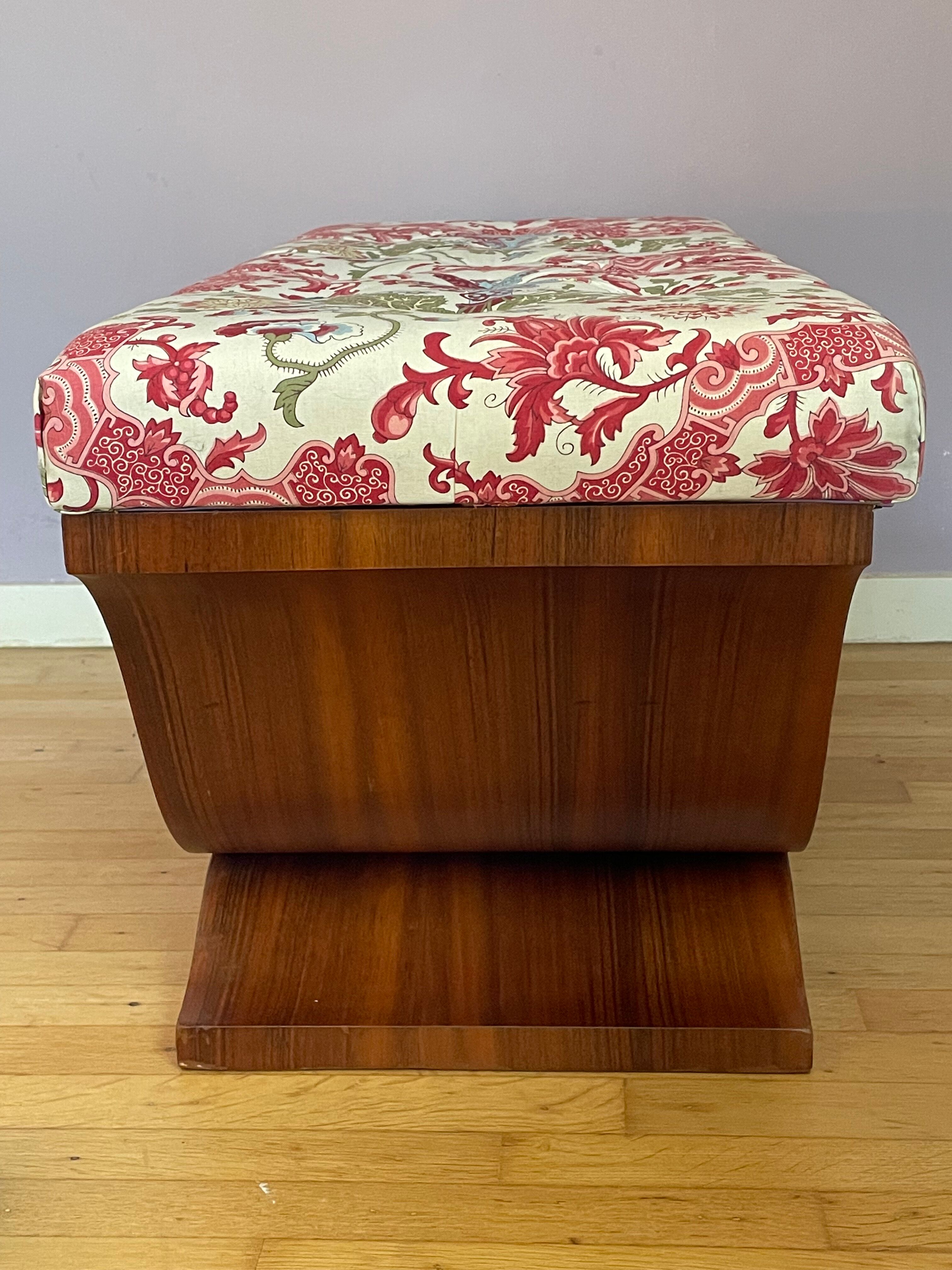 Art-deco walnut bench with floral fabric