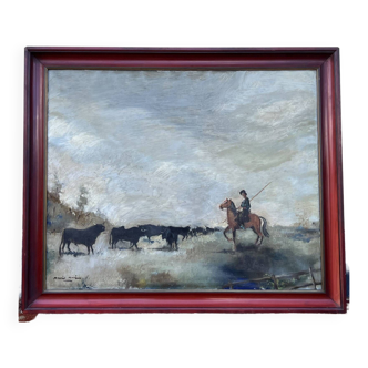 Tableau huile sur toile vue de Camargue vers 1900-1920