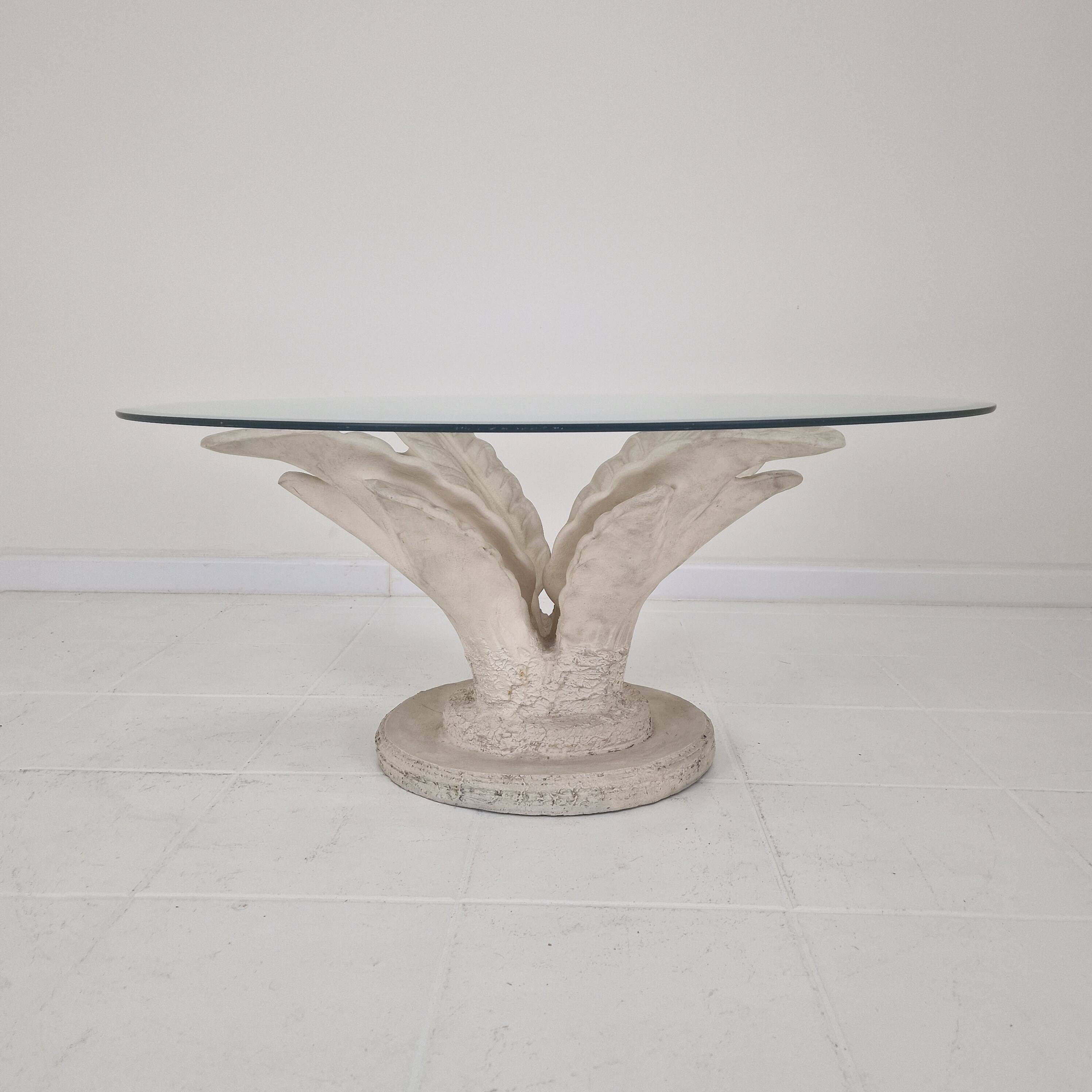Italian "Flower" Coffee Table in Plaster With Facet Cut Round Plate, 1970s