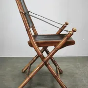 1970s French Folding Safari Chair in Teak, Black Leather and Brass
