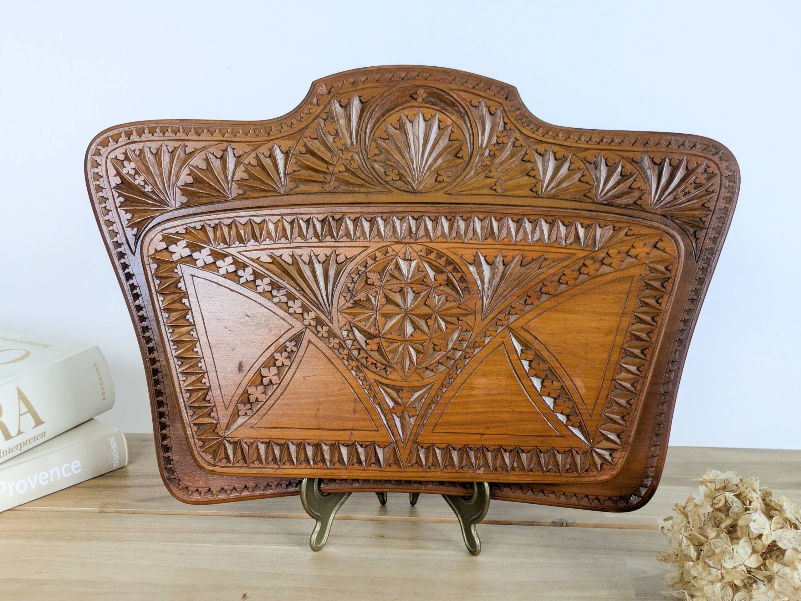 Wall-mounted letter holder, antique carved wood, folk art.