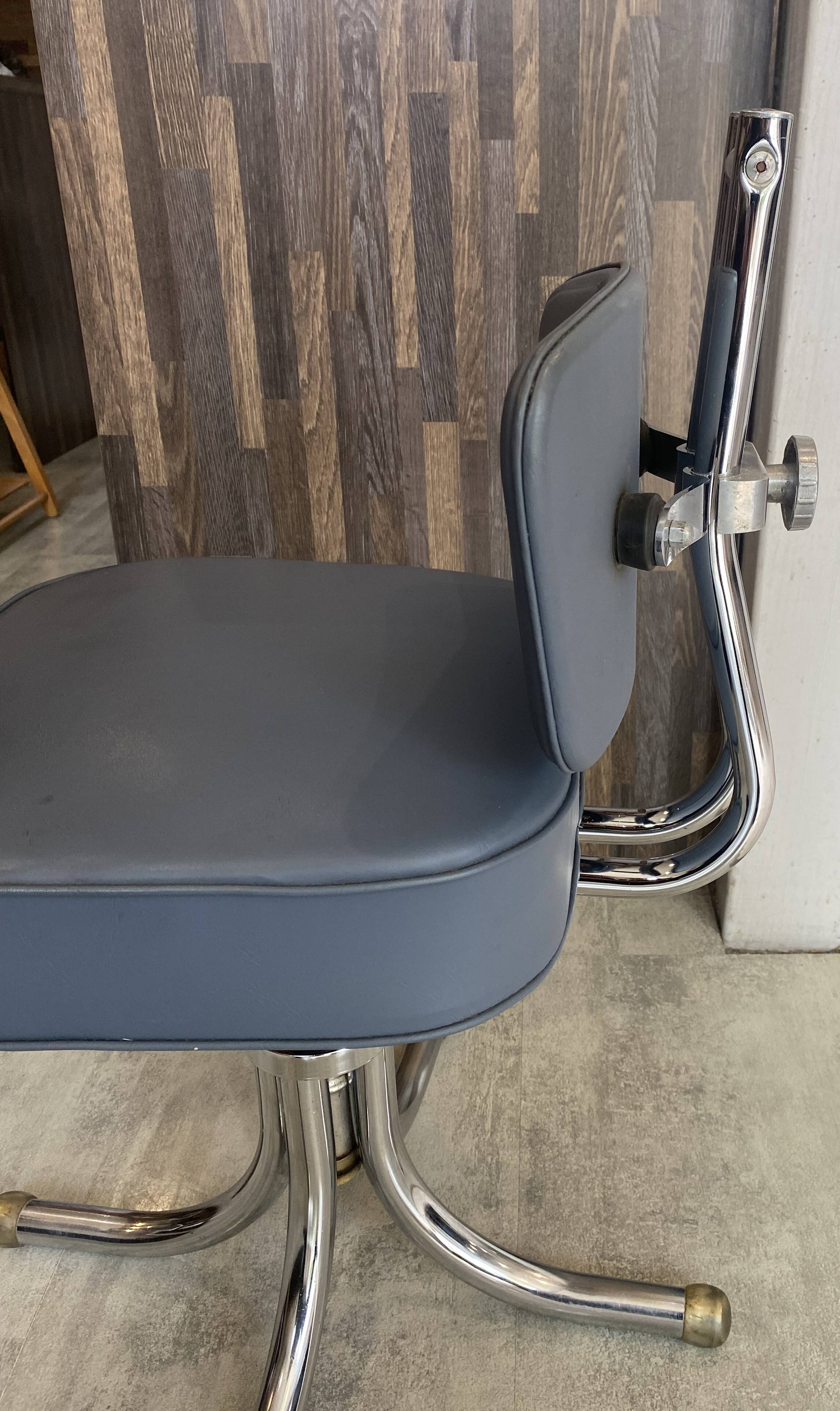 Swivel office chair in Roneo style, grey faux leather with vintage chrome.