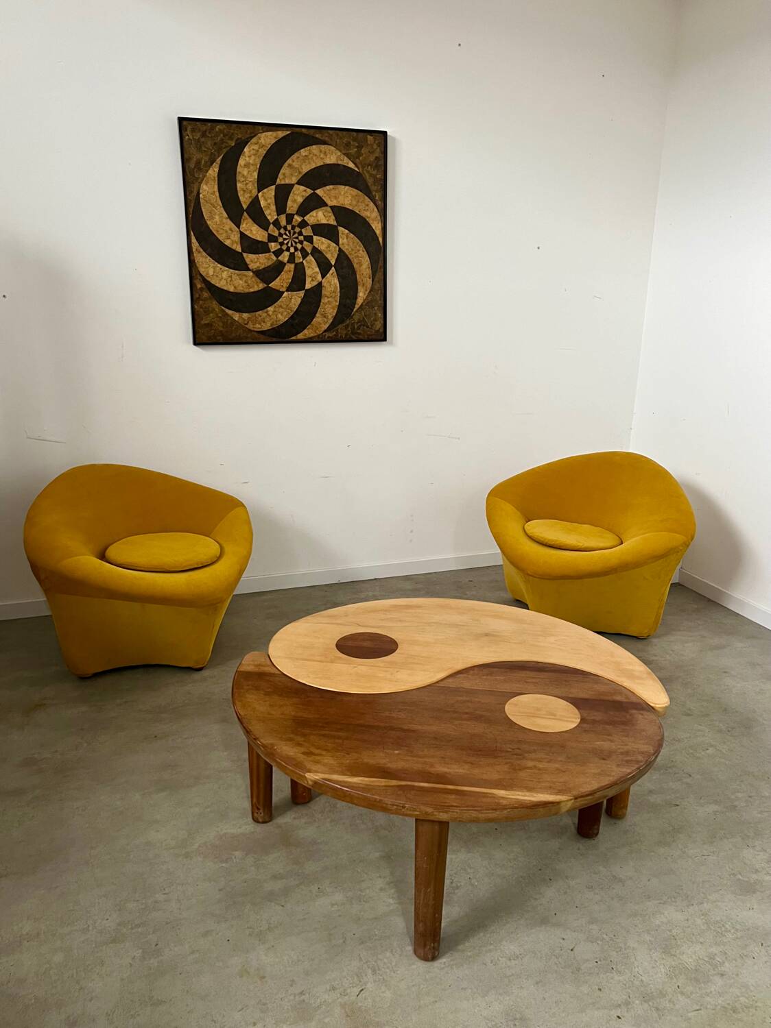 Solid wood coffee table with 2 Yin and Yang elements vintage 60s