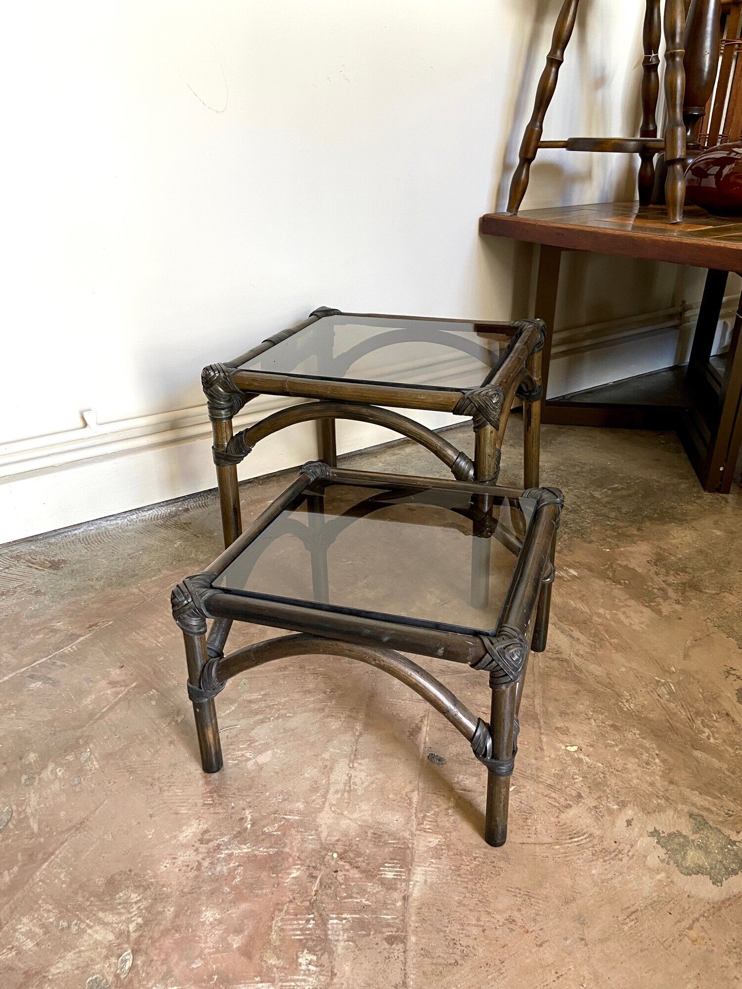 2 coffee tables, rattan sofa tips and smoked glass