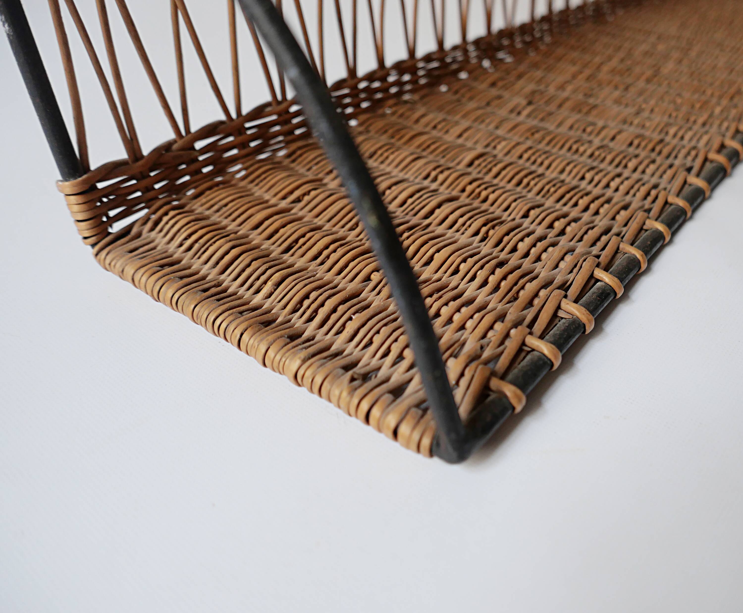 Vintage metal and wicker wall shelf, 1950s-1970s design, Mategot