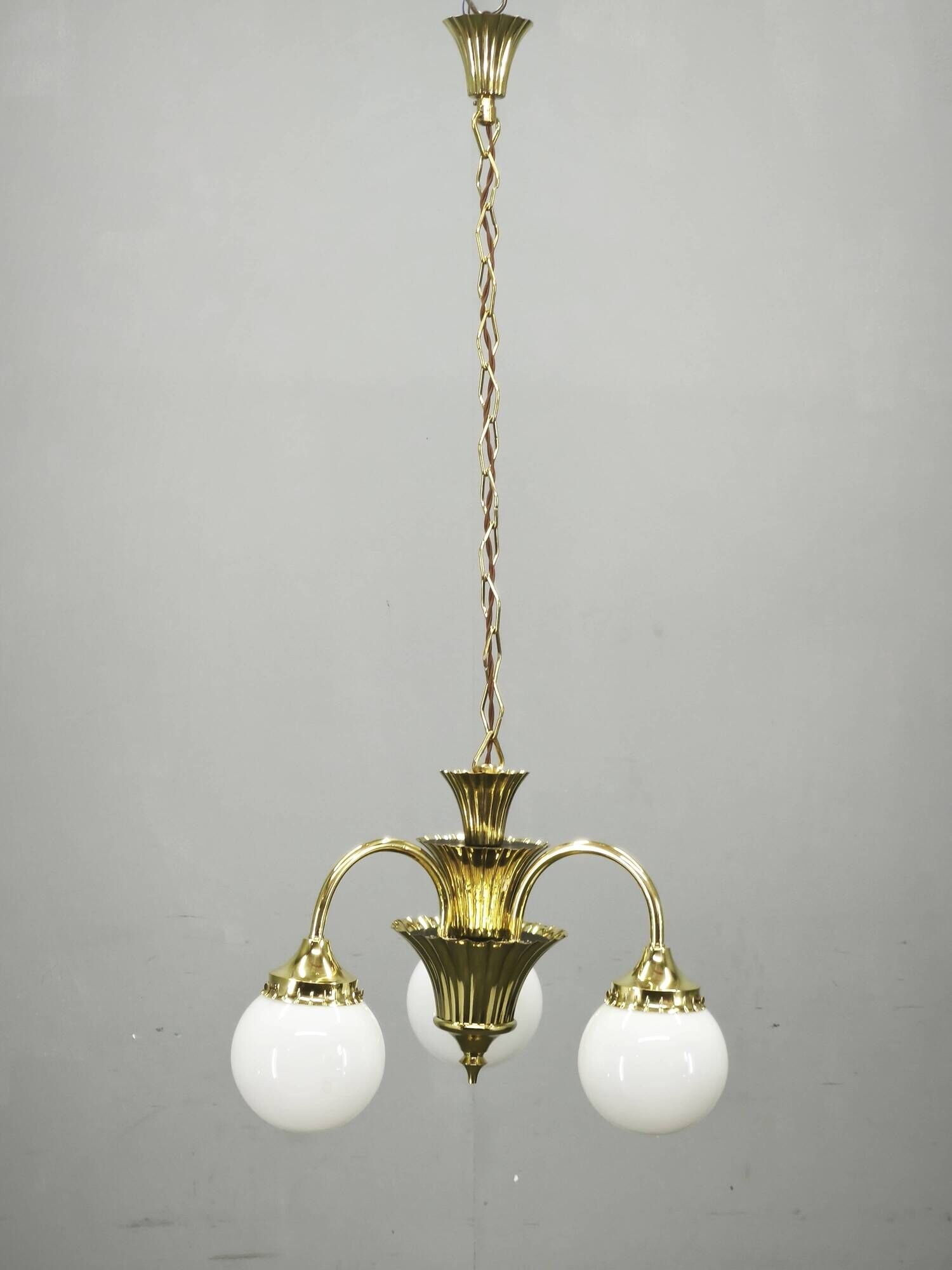 1930s Czechoslovak Art Deco Brass and Opaline Glass Chandelier