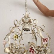 Hand-forged vintage pendant lamp with porcelain roses, Denz Neheim Hüsten
