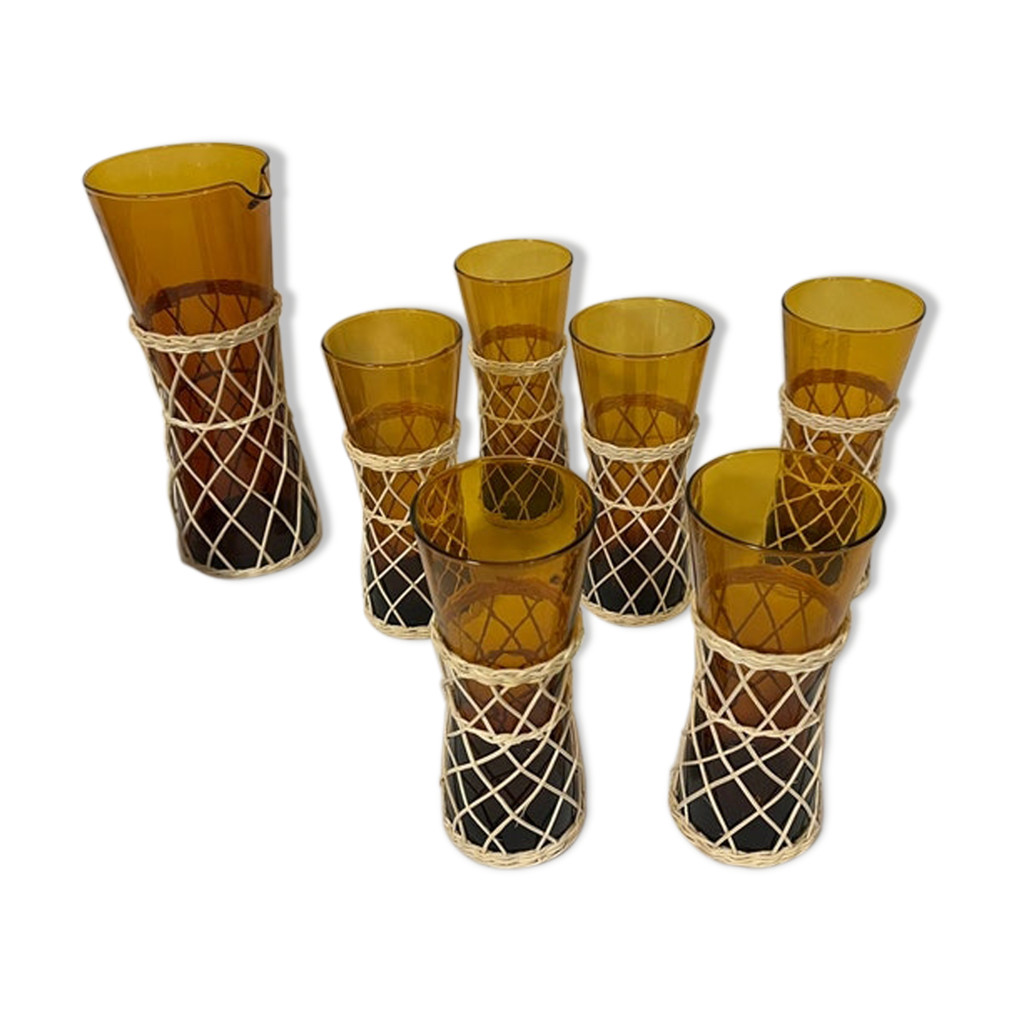 Service à orangeade verre ambré et rotin année 60