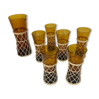 Service to orangeade amber glass and rattan year 60