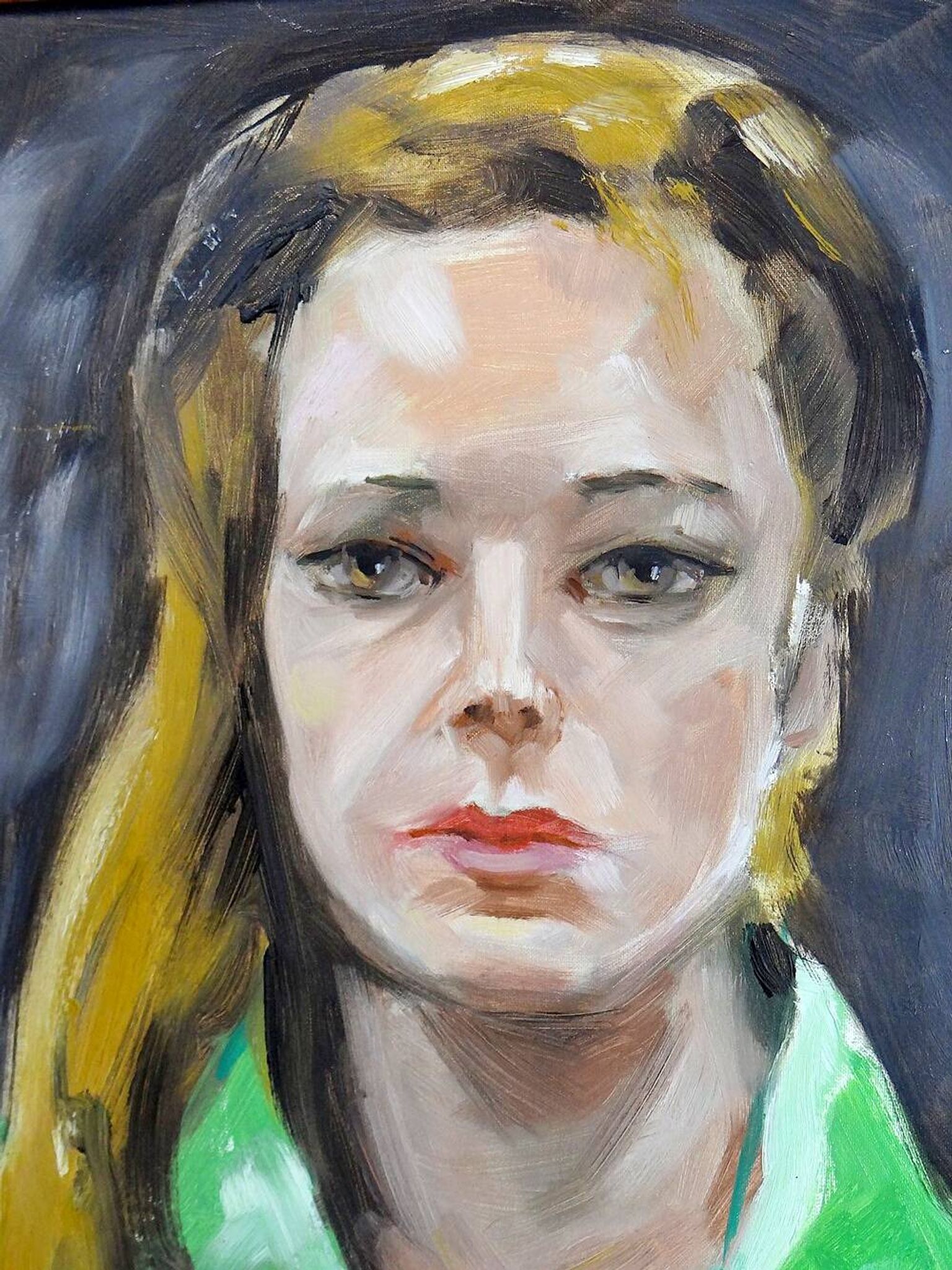 Portrait "The Woman in Green" vintage oil on canvas board framed