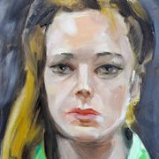 Portrait "The Woman in Green" vintage oil on canvas board framed