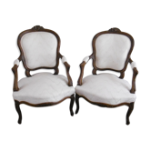 Pair of Louis XV style shepherdess armchairs redone ecru fabric