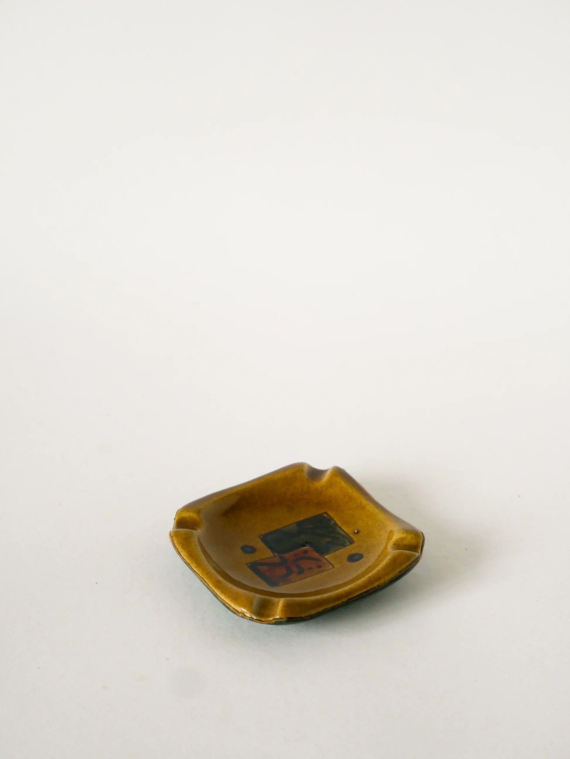 Ceramic and green leather ashtray, abstract patterns, black and brown, design, 1960.