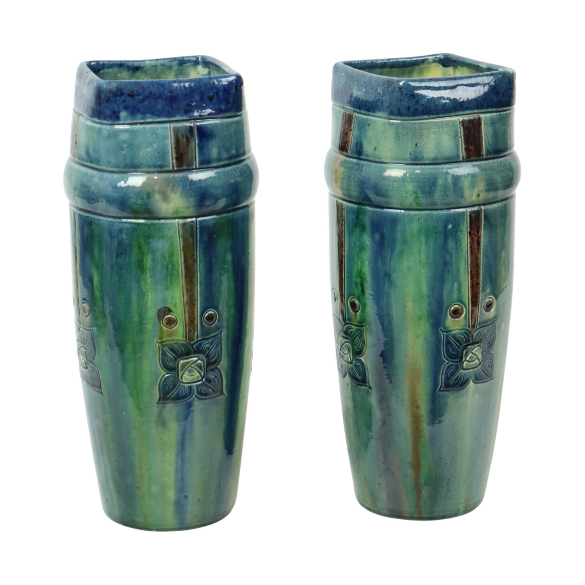 Pair of Blue Art Nouveau Vases Flemish Pottery Antiques