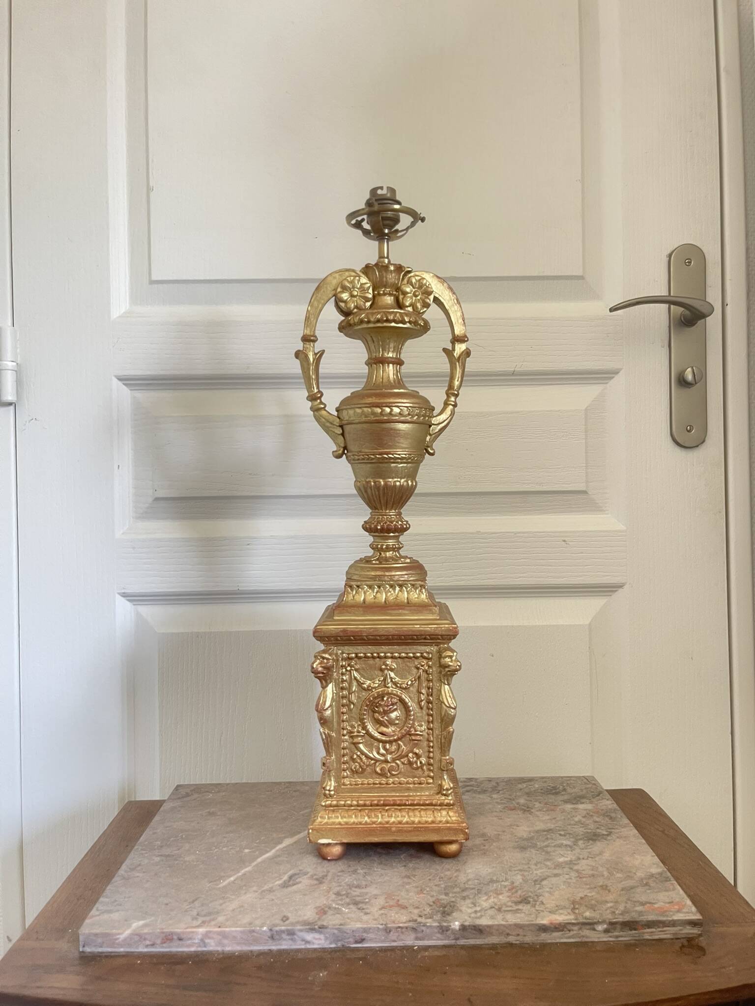 Antique Large Cassolette Lamp Empire Greek Roman Gilded Wood 19th Century 60