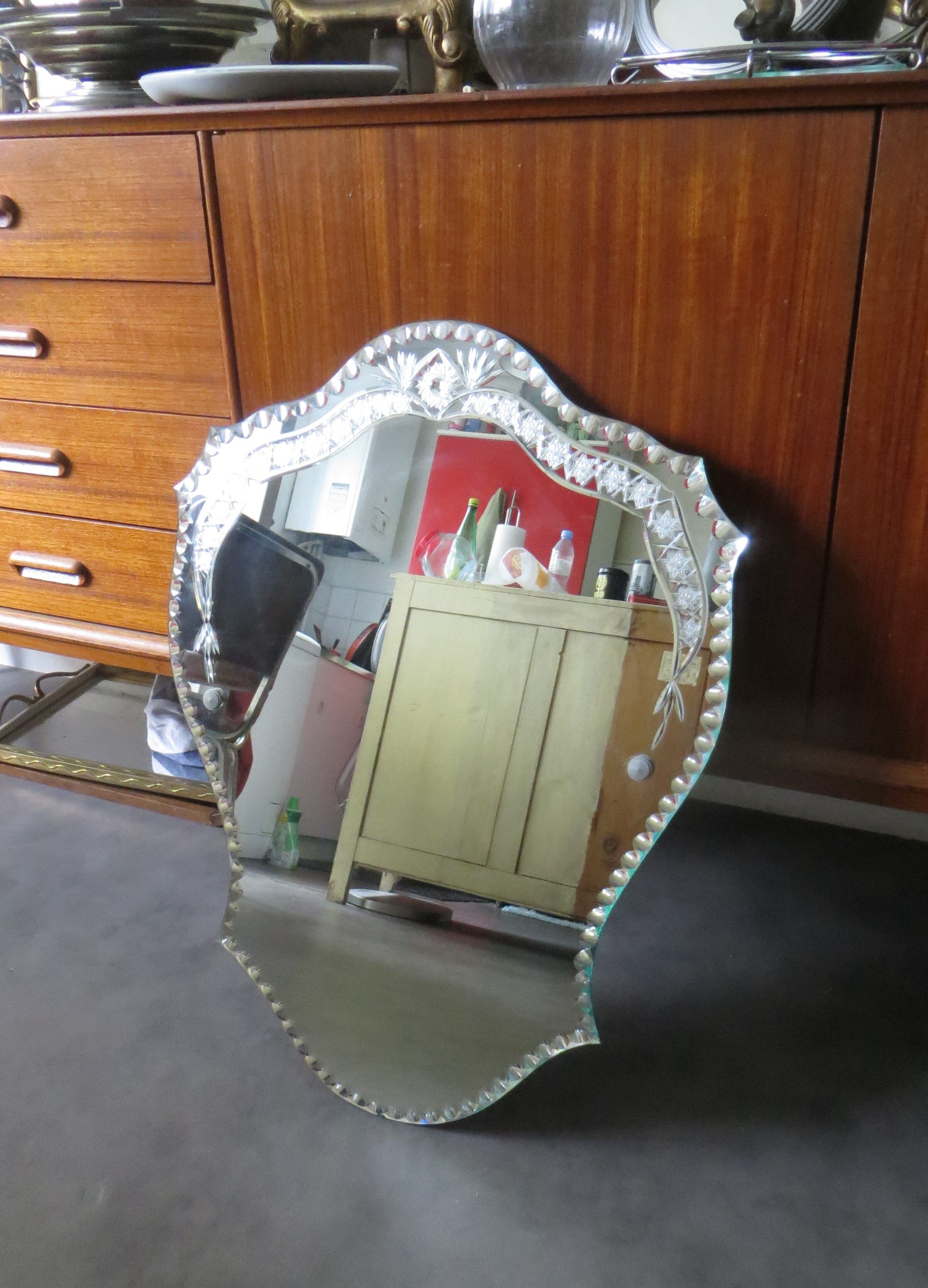Antique mirror Art Deco beveled and engraved 72 x 53 cm