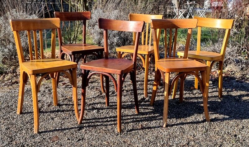 Mix 6 bistro chairs 50s/60s in curved wood