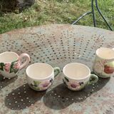 Lunch service in enameled ceramic, slip, white, pink and green, vintage
