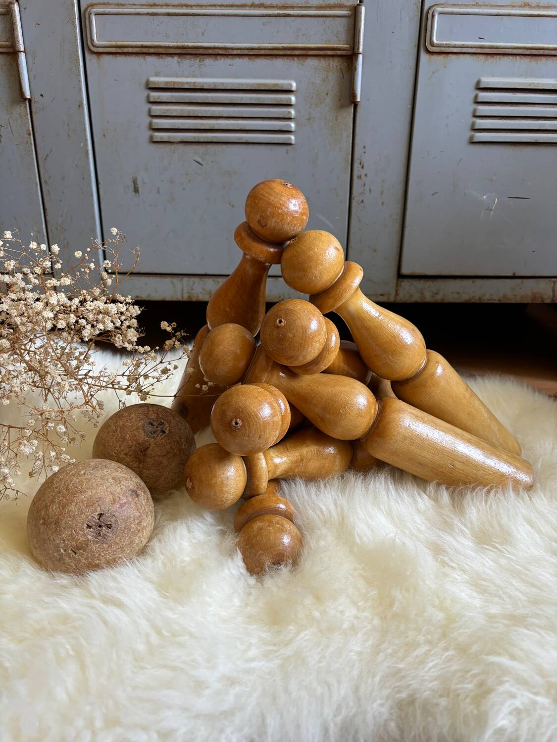 Old wooden bowling pins