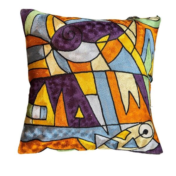 Housse de coussin brodée main en soie, motif géométrique abstrait
