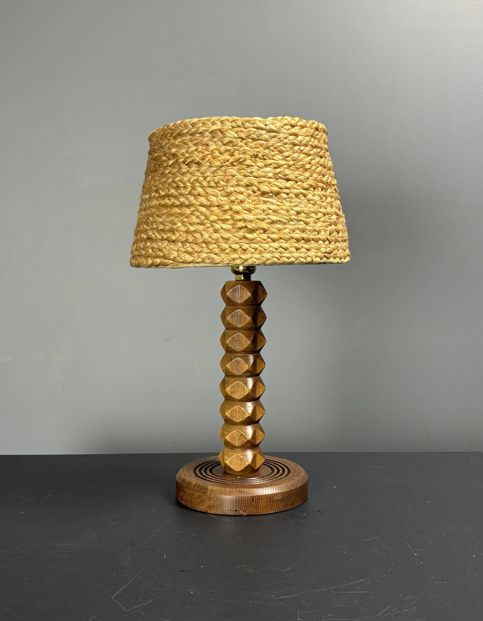 Mid-Century modern brutalist wood turned table lamp Charles Dudouyt style