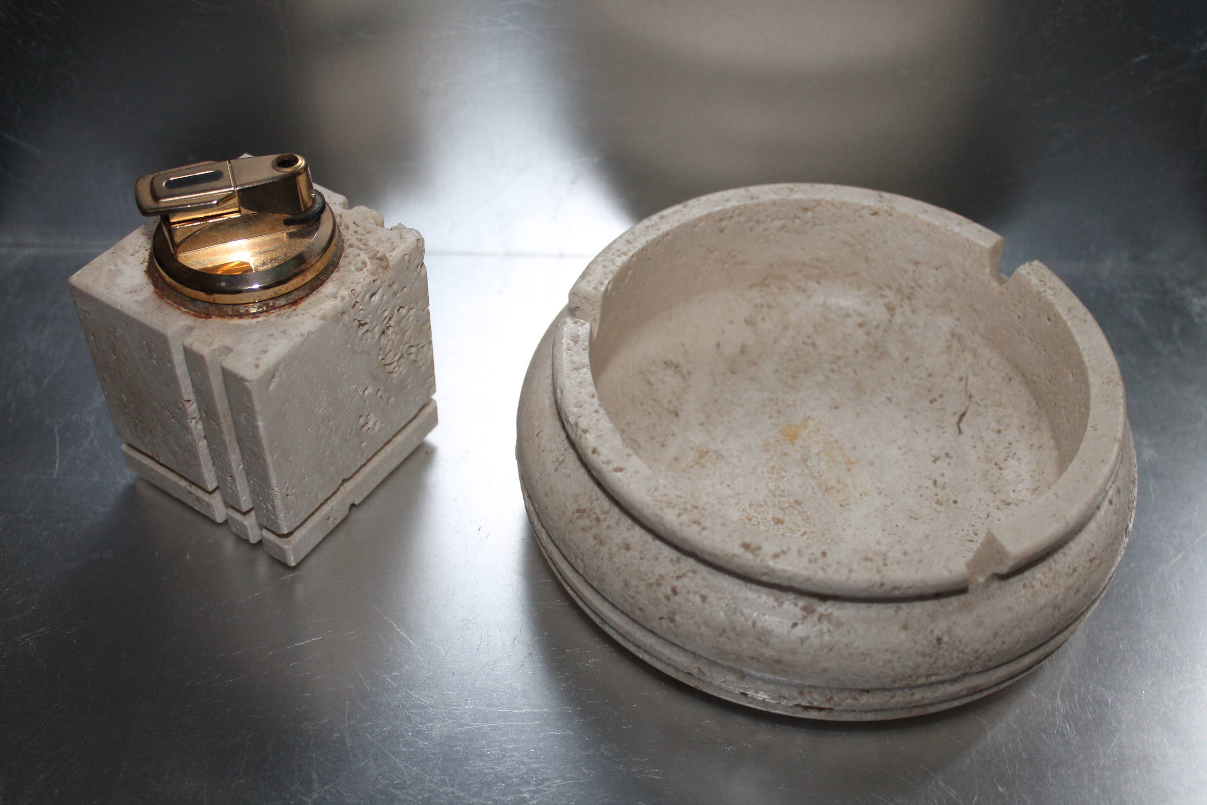 Set ashtray and table lighter in vintage travertine 1960