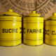 6 spice jars yellow and black enamelled sheet metal, fireplace pot
