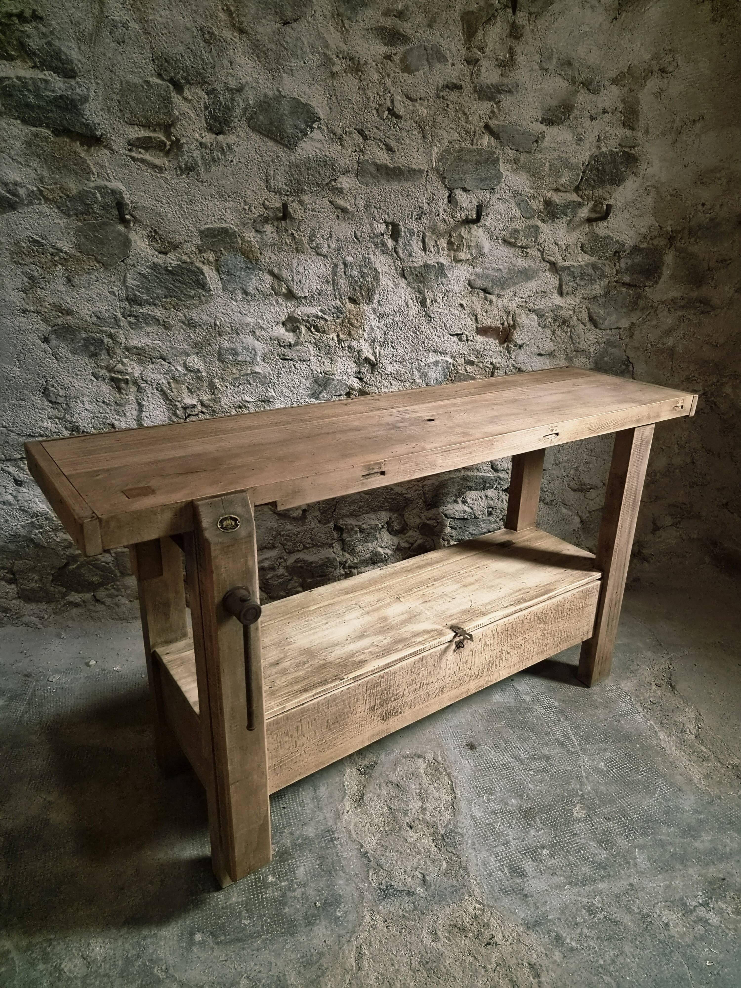 Vintage French beech side table, console, washbasin unit, industrial side table, circa 1950–1970.