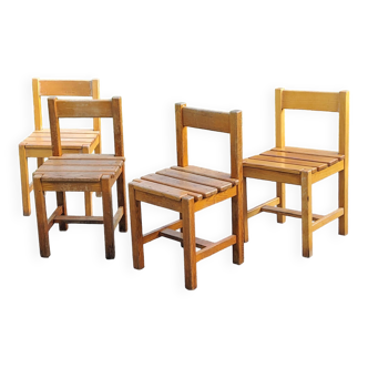 Set de 4 chaises des années 70 brutalistes en chêne