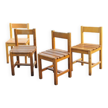 Set de 4 chaises des années 70 brutalistes en chêne