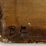 Oil on panel tavern scene monogram BC 19th century