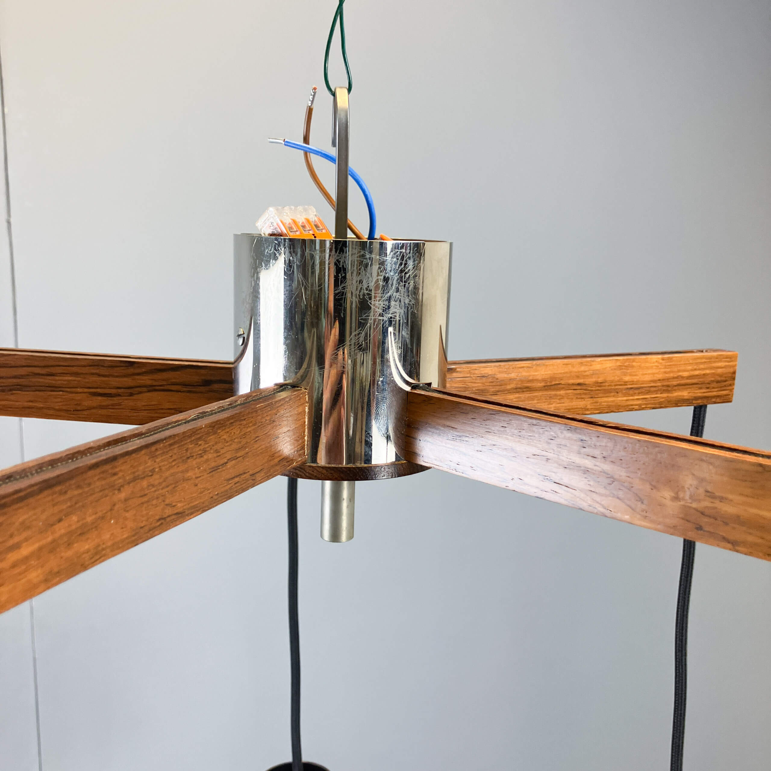 5-bulb cascade lamp, rosewood, chrome and textured glass shades, 1960s