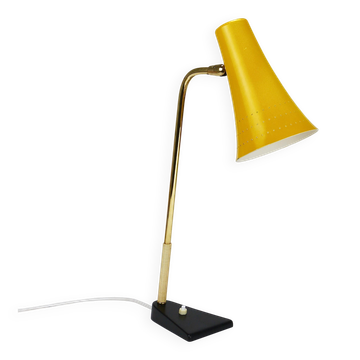 Yellow desk, table or accent lamp by J.T. Kalmar, brass and iron, Vienna, Austria, 1950s.