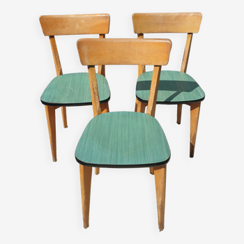 Trio chaises bistrot 1950 vinyle vert chiné