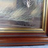 Oil on canvas, wooden frame, flight of ducks, nature, signed C. Walker