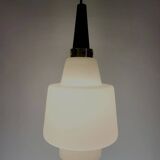 Scandinavian pendant light in opaline and teak, around 1960.