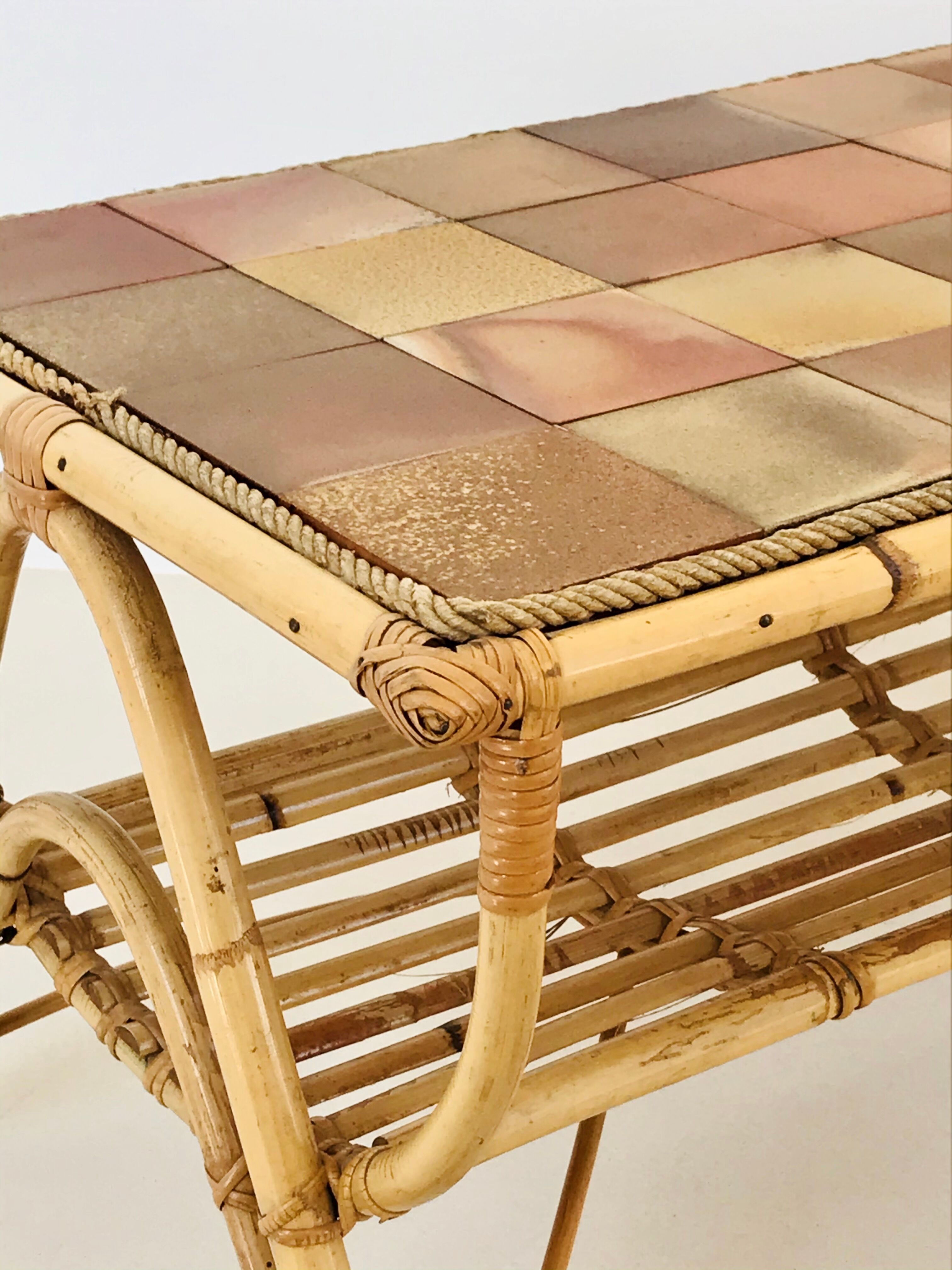 Rattan coffee table and ceramic tiles, France 60s