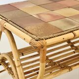Rattan coffee table and ceramic tiles, France 60s