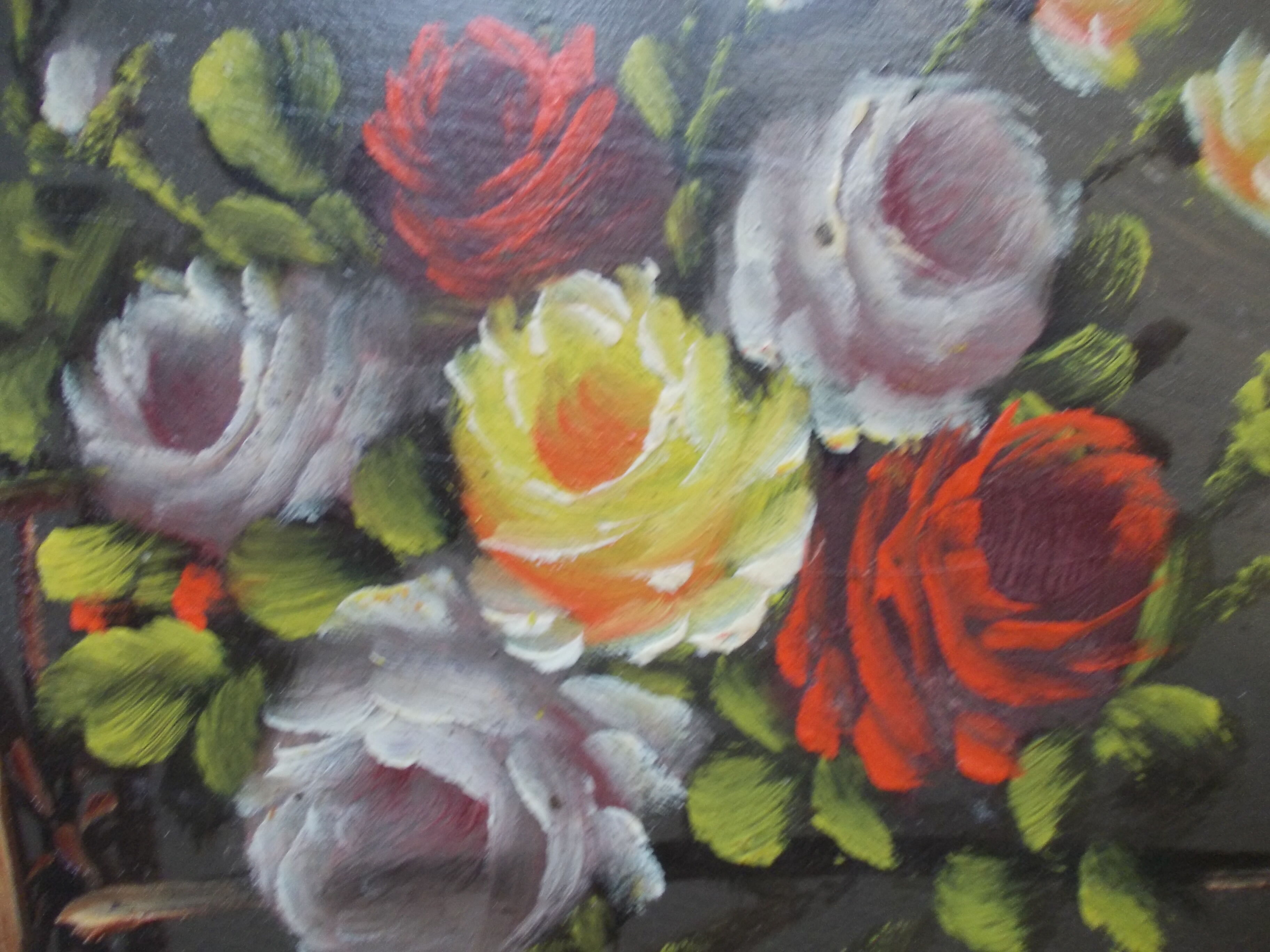 PAINTING oil painted on wood BOUQUET OF ROSES signed C.P., pretty frame ARTEMIS 1975, still life, CP