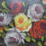PAINTING oil painted on wood BOUQUET OF ROSES signed C.P., pretty frame ARTEMIS 1975, still life, CP