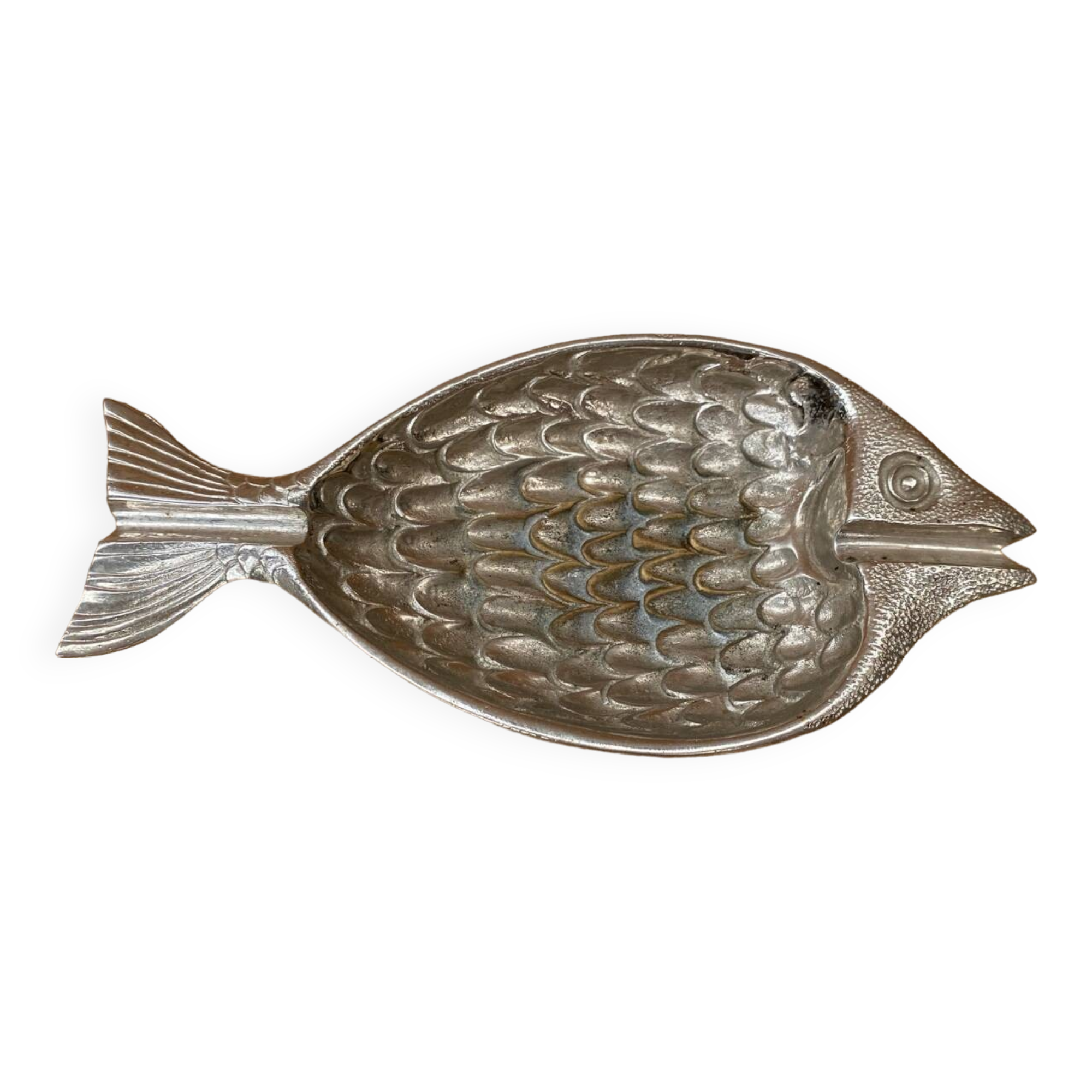 Antique vintage silver metal fish shape ashtray