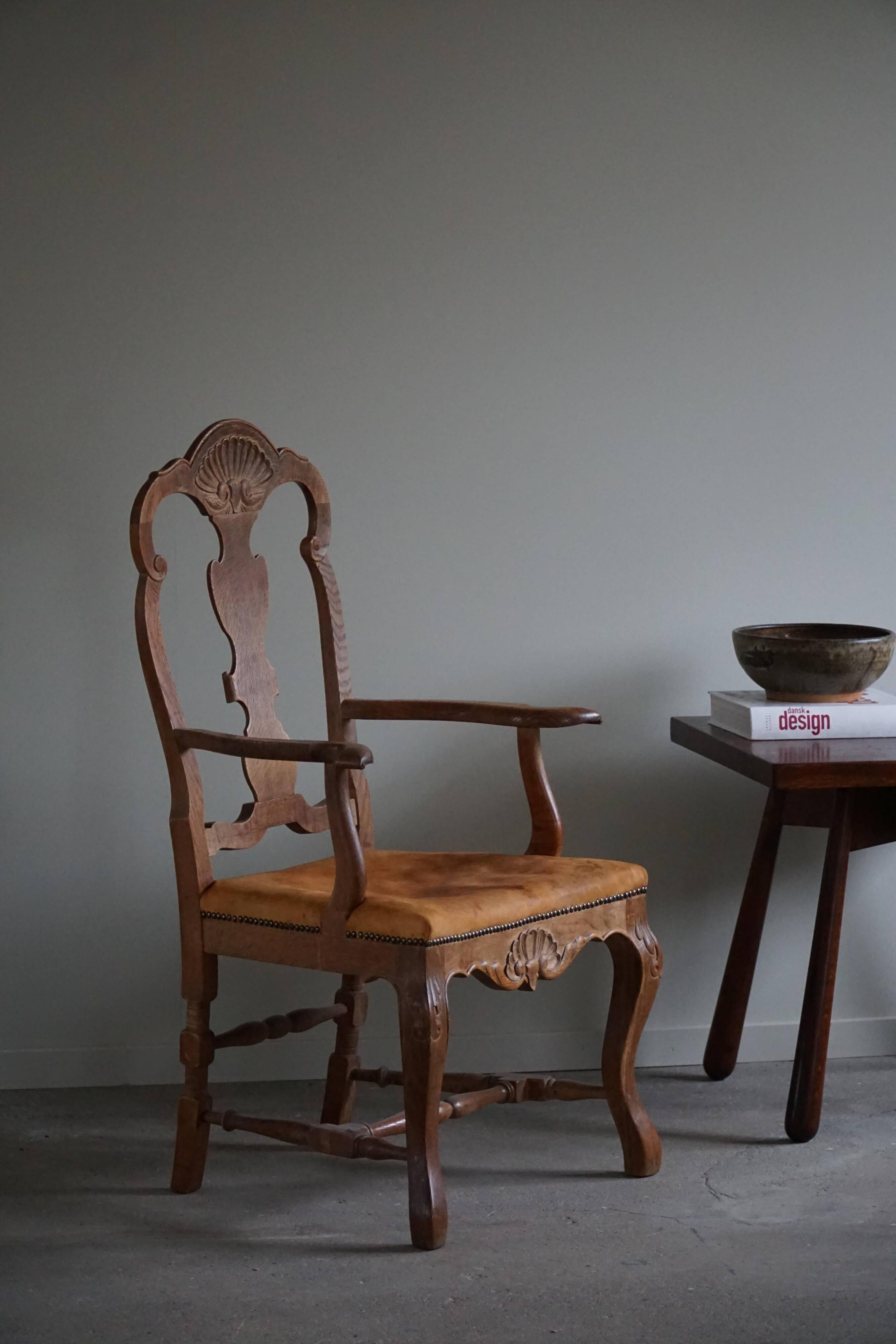 Vintage Sculptural Armchair in Oak and Leather, Danish Modern, 1940s