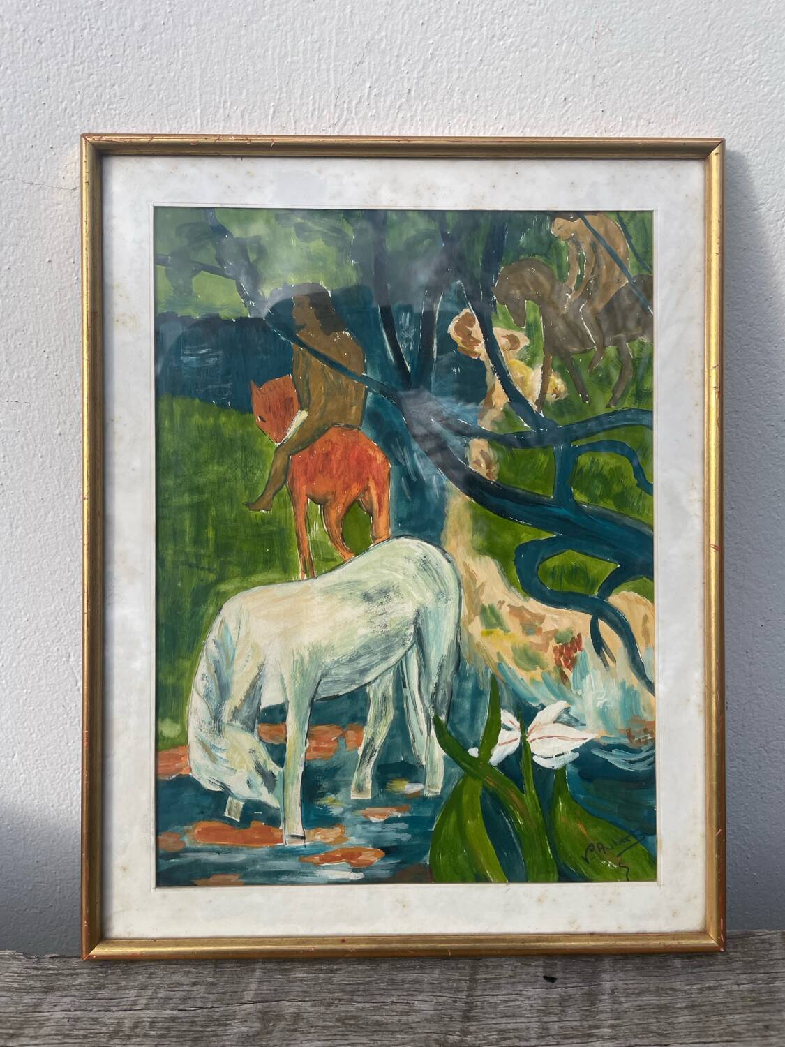 Gauguin style painting with gilded wooden frame