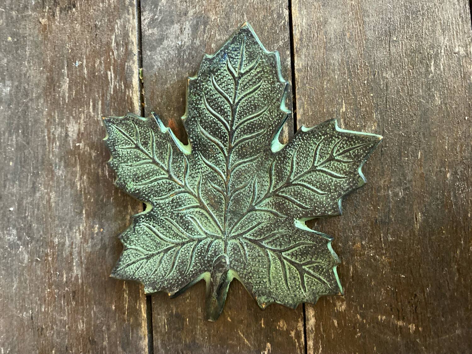 Vintage Greenish-Gray Metal Leaf-Shaped Empty Pocket Bowl