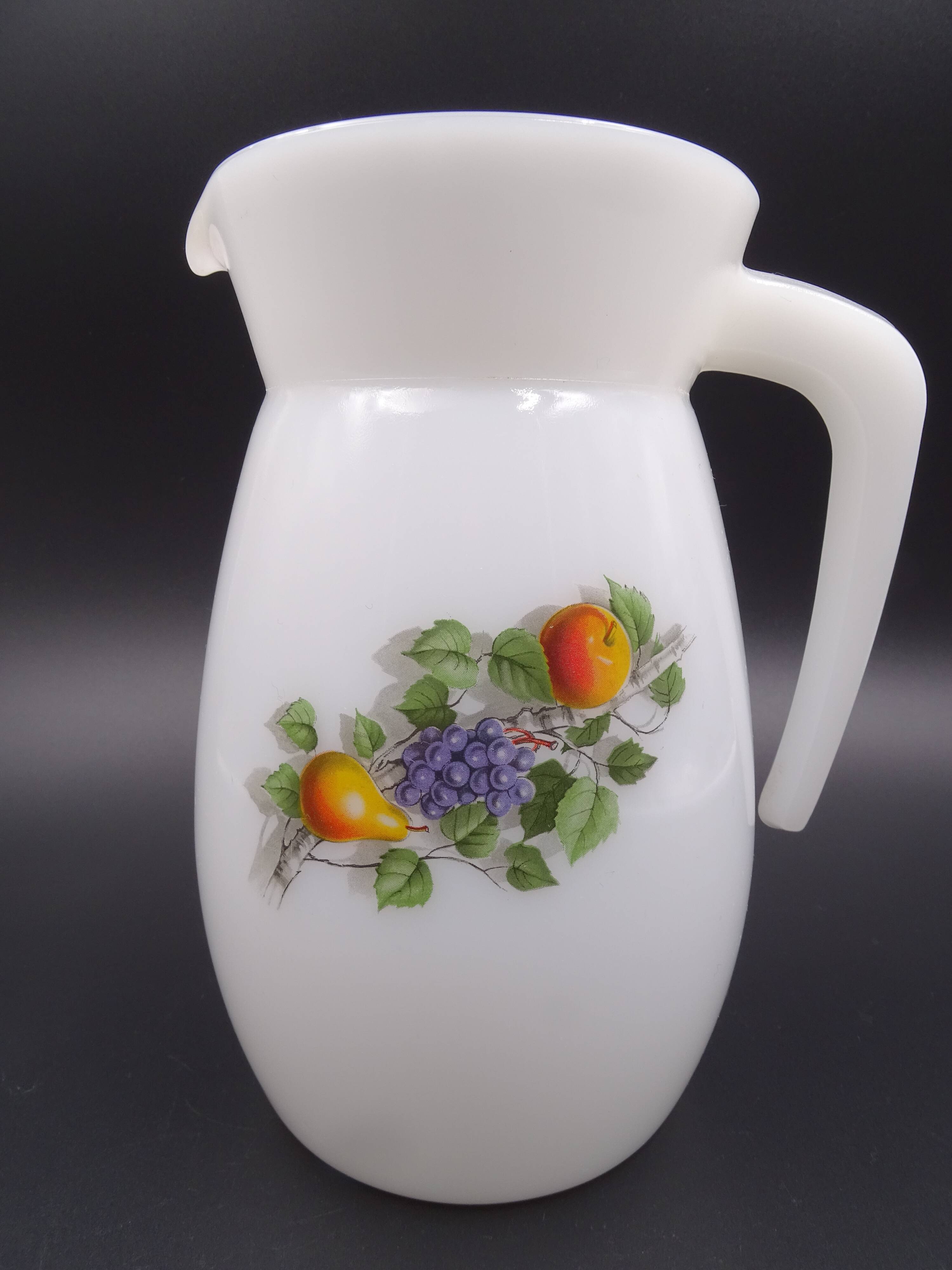 Pitcher or broc in opaline Arcopal fruit décor 1970
