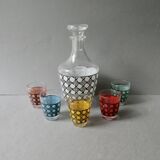 1 bouteille et ses 5 verres, décor cannage, années 70, France