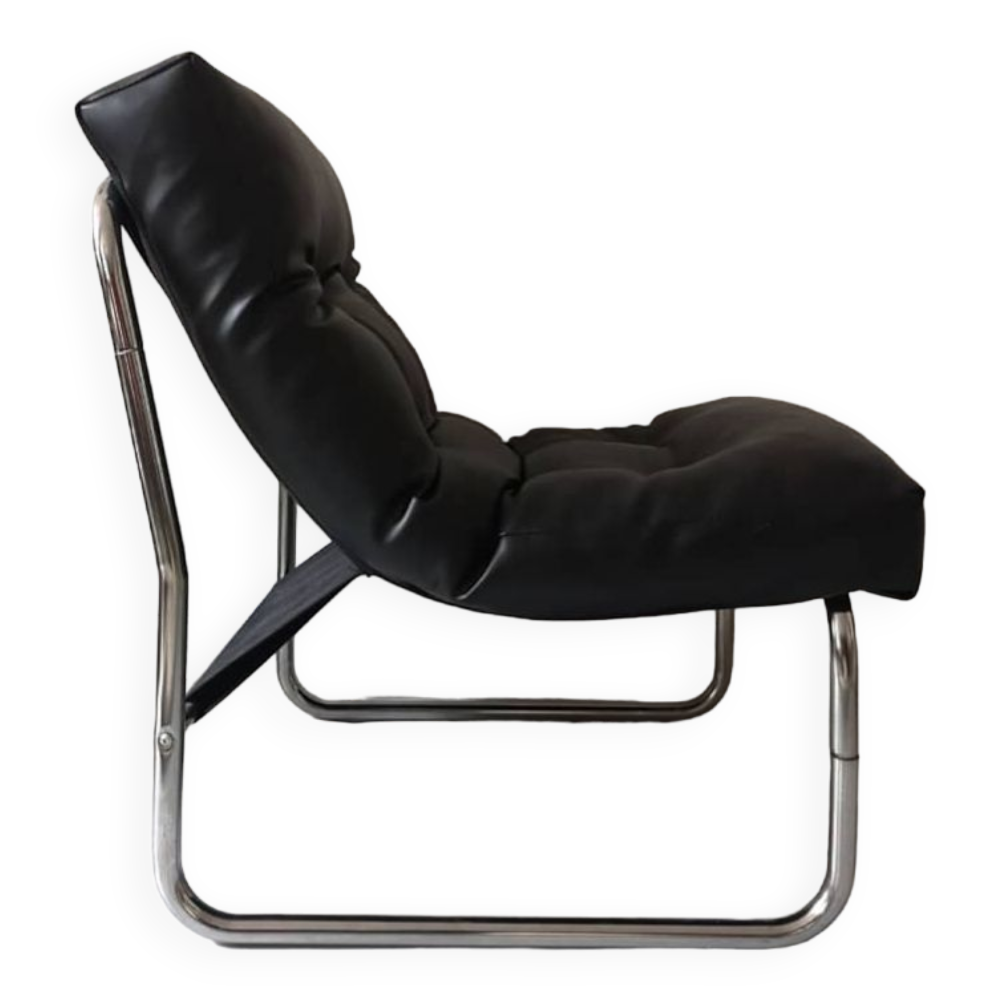 Tubular fireside chair in black skai and metal, design 1970