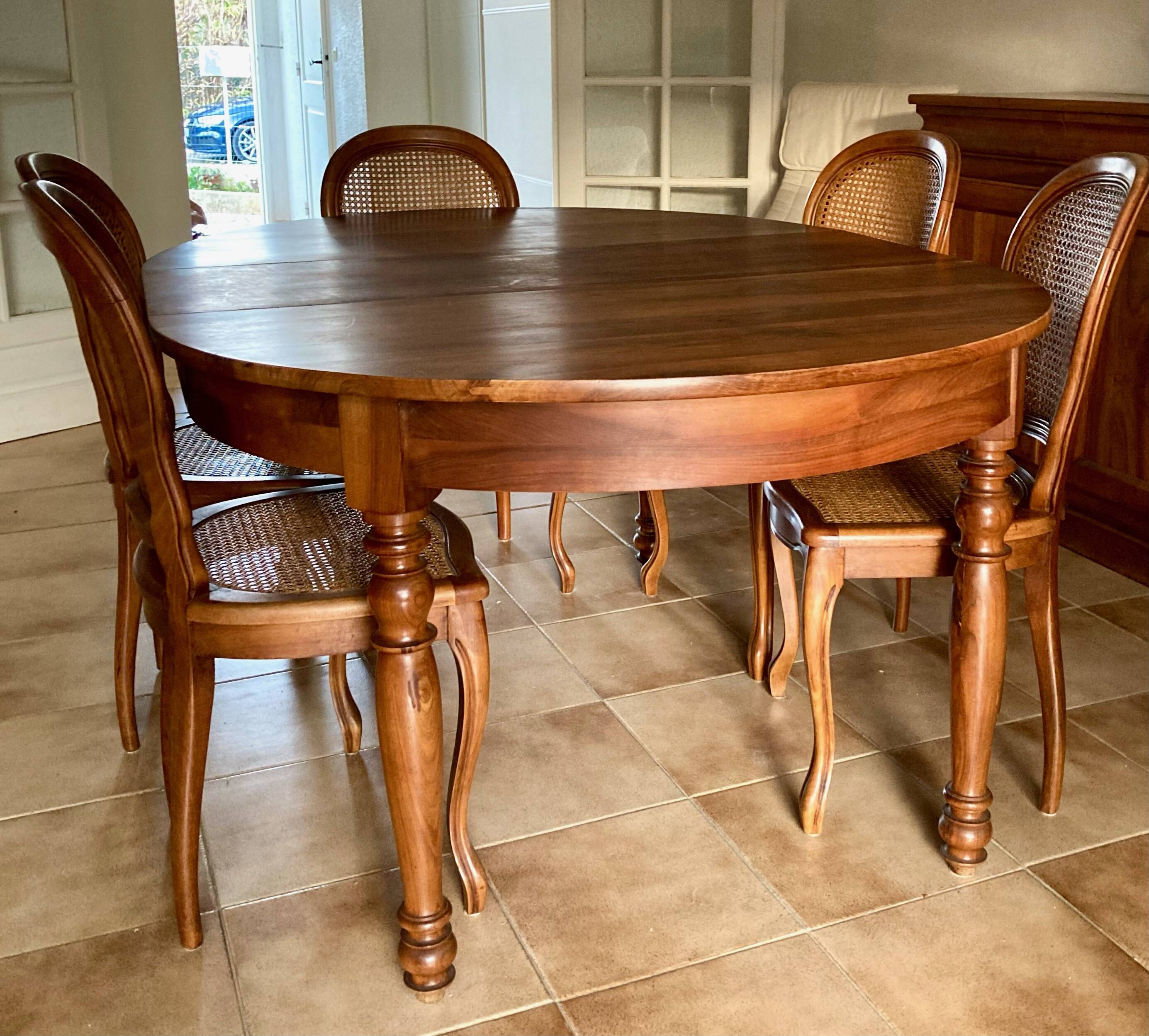 Extendable table and 6 antique caned chairs Louis XV style vintage cherry wood
