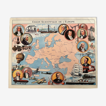 Affiche ancienne carte illustrée de l'Europe (essor scientifique) de 1948 - JP Pinchon