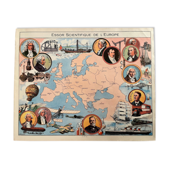 Affiche ancienne carte illustrée de l'Europe (essor scientifique) de 1948 - JP Pinchon